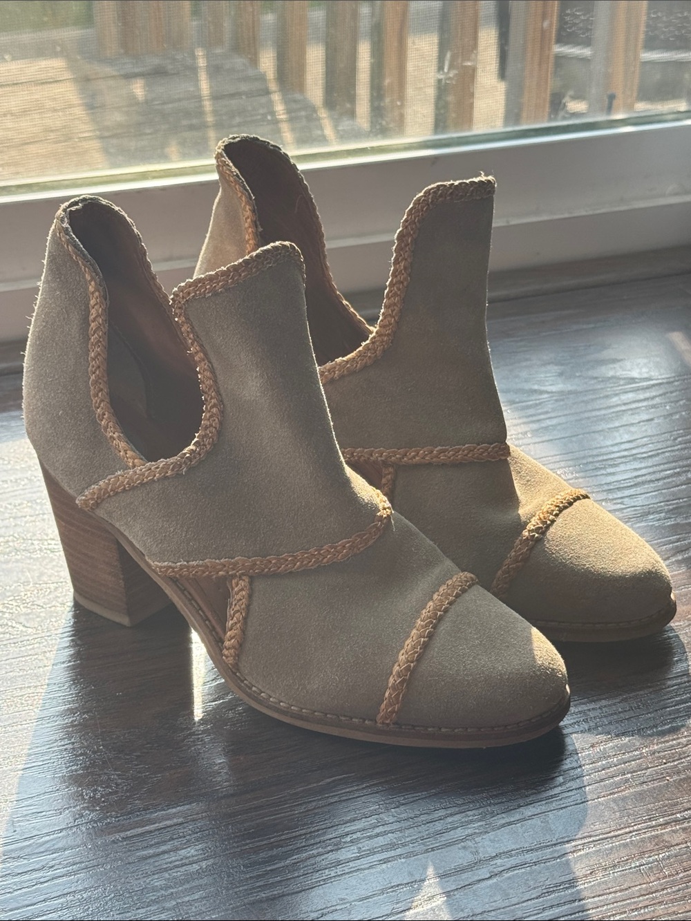 Suede Braided Trim Ankle Boots - Taupe